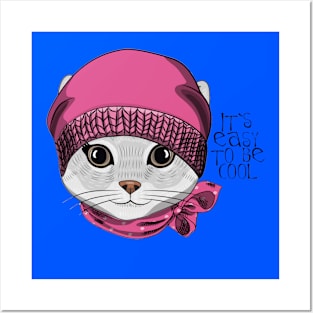 Pretty gray cat with pink knitted hat and pink scarf Posters and Art